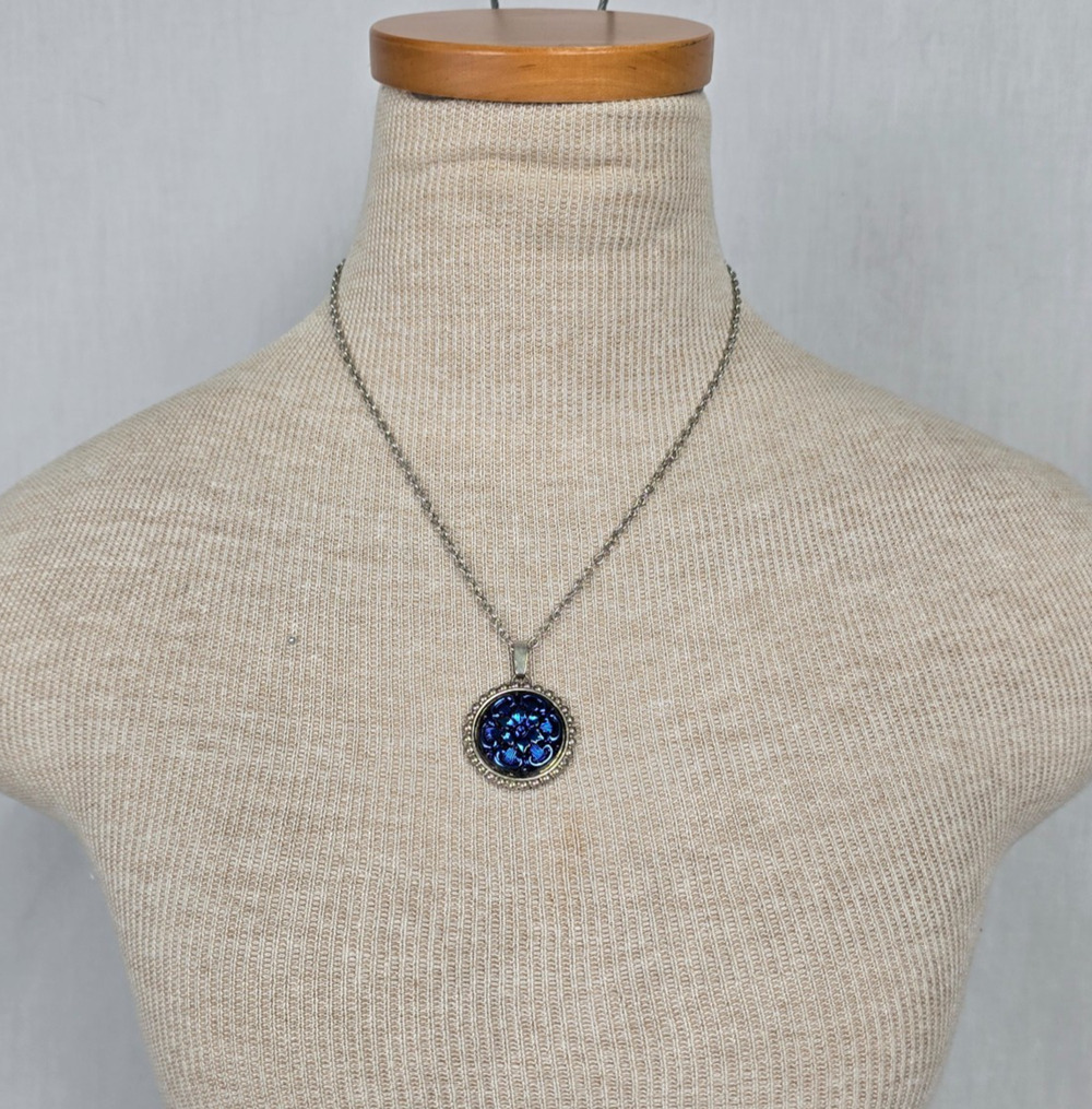 Czech Glass Pendant Necklace 18" Blue - Purple on a Silver Tone Chain
